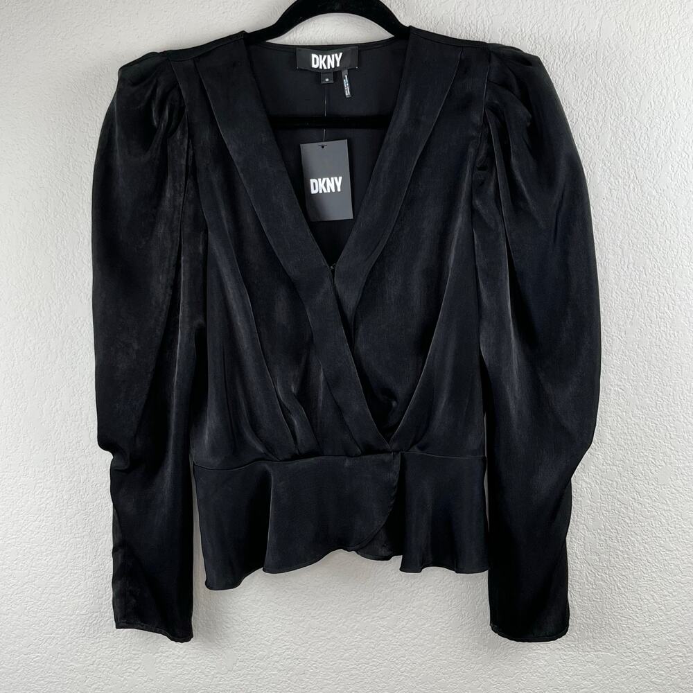 DKNY Black Satin Peplum Blouse V-Neck Long Puff Sleeve Evening Party XS NWT - Picture 12 of 13